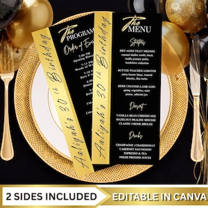Editable Elegant Black Gold Menu Program and Thank You Card, Modern Birthday Dinner Party Table Setting Decor, Printable Canva Template