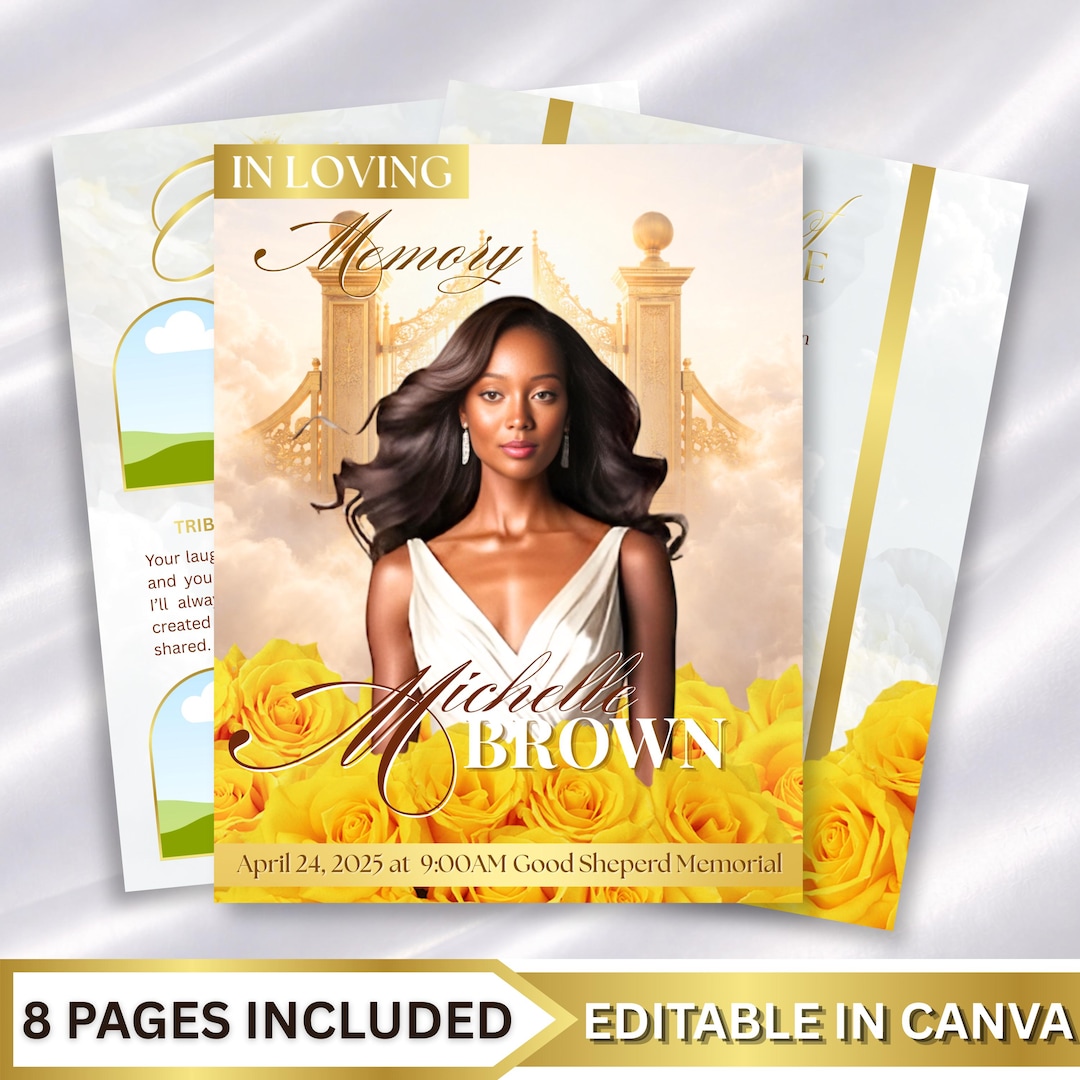Yellow Roses Funeral Vector Obituary Template Yellow Roses Funeral Program Template: 8-page ...