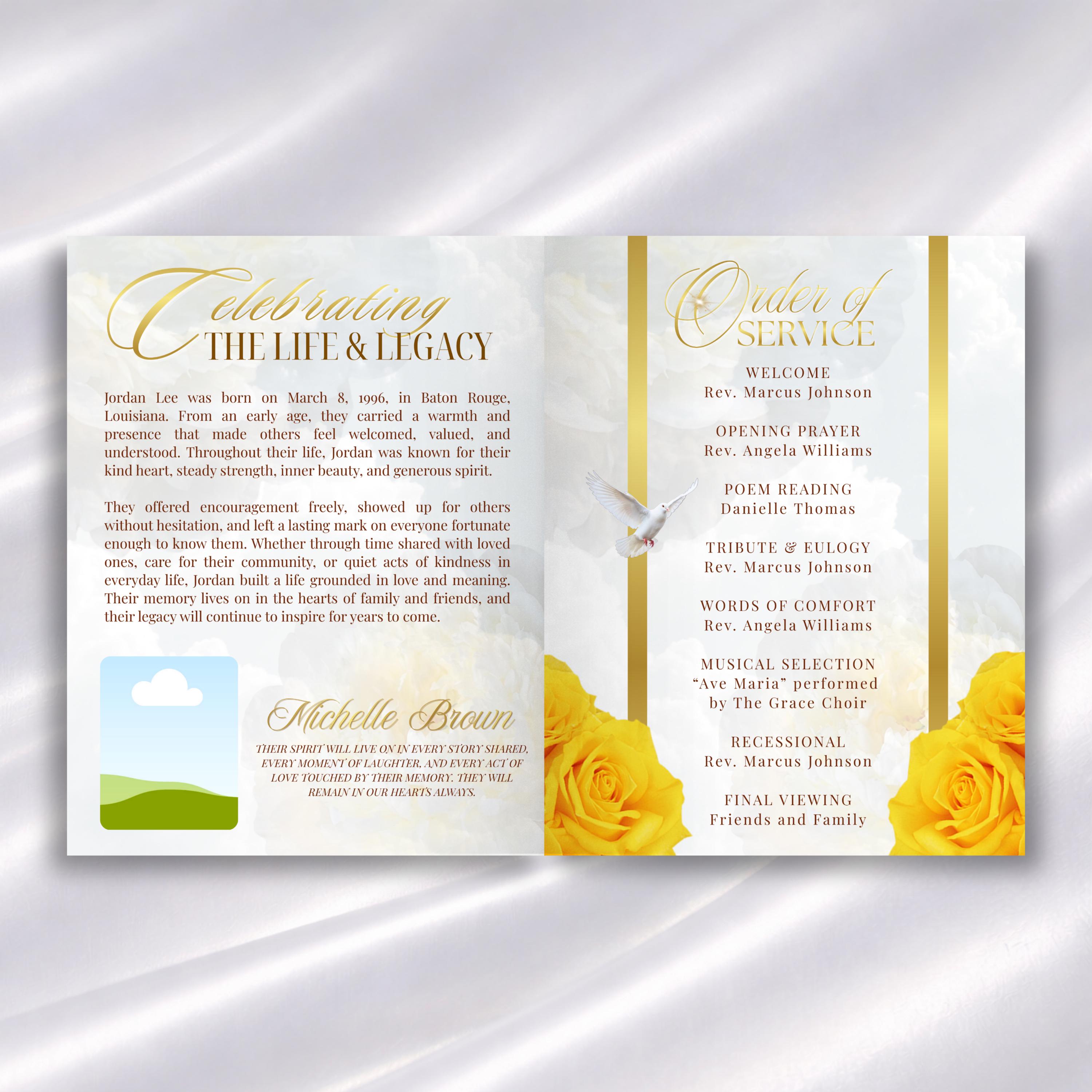 Yellow Roses Funeral Vector Obituary Template Yellow Roses Funeral Program Template: 8-page ...