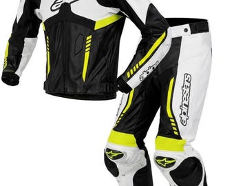 Alpinestars 2-delig leren motorpak | Zwart, wit en geel fluor | Professionele raceuitrusting