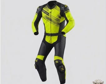 Neon Yellow Black Leather Motorcycle Racing Suit | Men's Protective Biker Gear