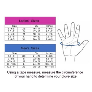 Op de afbeelding: Een witte achtergrond met een roze en blauwe tabel met handschoenmaten voor mannen en vrouwen. De tabel bevat maten in centimeters en inches, met een handdiagram.