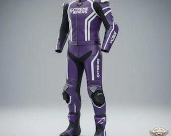 Professioneel leren motorracepak Extreme Riders | Paarse en witte fullbody biker-uitrusting uit één stuk