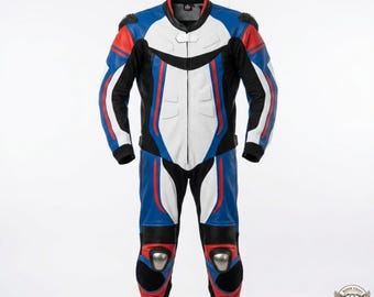 Eendelig motorracepak | Rundleer, CE-bescherming, driekleurig ontwerp