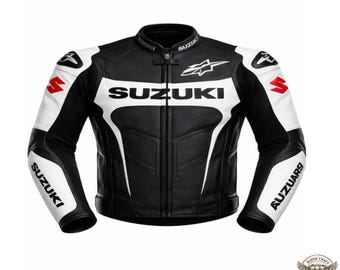 Leren Suzuki motorracejas | Zwart-wit motorjack