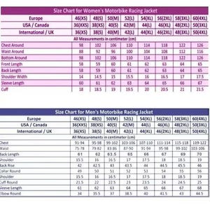 May include: Size charts for women's and men's motorbike racing jackets, displaying measurements in centimeters. Includes chest, waist, and sleeve lengths, with sizes ranging from XS to 4XL. The chart is organized by European, USA/Canada, and International/UK sizing.