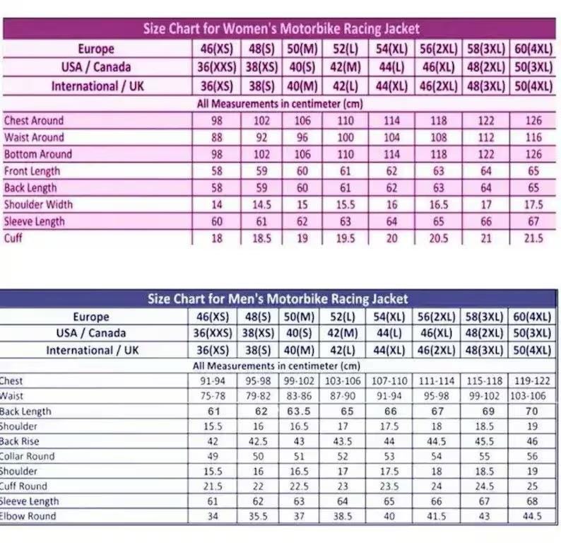 May include: Size charts for women's and men's motorbike racing jackets, displaying measurements in centimeters. Includes chest, waist, and sleeve lengths, with sizes ranging from XS to 4XL. The chart is organized by European, USA/Canada, and International/UK sizing.