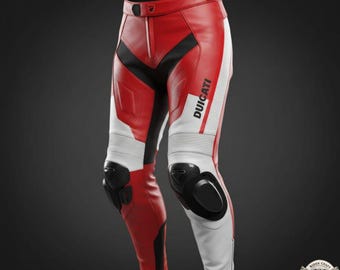 Professionele Ducati leren rijbroek geschikt voor het circuit | Rood-witte motorbroek met geïntegreerde kniestukken
