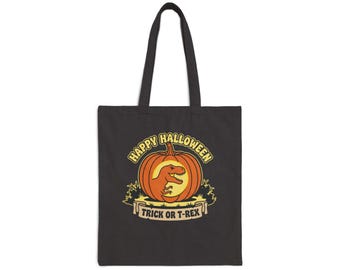 Happy Halloween Trick or T-Rex Tote Bag | Pumpkin Dinosaur Illustration