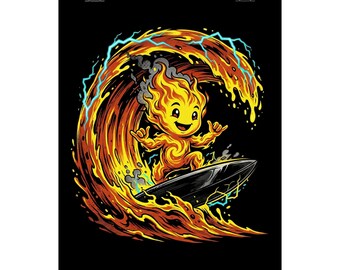 Flame Surfer Poster | Matte Vertical Poster, Fiery Surfing Character Artwork