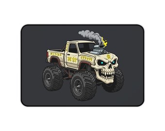 Skull Monster Truck Desk Mat | Comic Style Illustration, Necromantic Engineering Command Surface