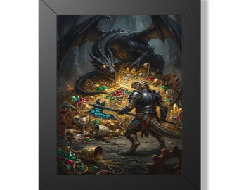 Armored Knight Facing Dragon Treasure, Framed Vertical Poster
