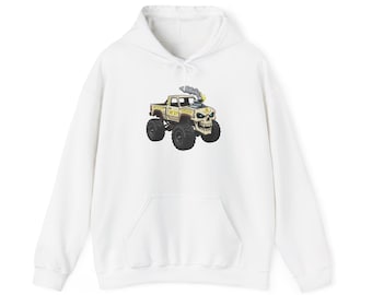 Skull Monster Truck Hoodie | Yellow Off-Road Graphic, Smokestack Design