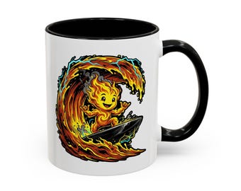 Surfing Flame Elemental Mug | Chibi Fire Wave Coffee Cup (11oz)