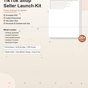 May include: A digital product titled "TikTok Shop Seller Launch Kit" with a stack of white pages and text that says "Printable PDF", "Instant Download", and "US Letter Size". The kit includes strategy templates, content calendars, and planning worksheets.