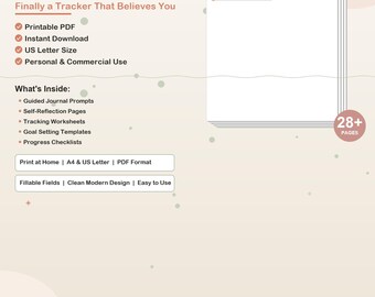 Könnte beinhalten: Ein digitaler Download mit dem Titel "Chronic Illness Symptom Tracker" mit dem Text "Finally a Tracker That Believes You". Das Design umfasst einen Stapel weißer Seiten mit einem pfirsichfarbenen Header und listet Funktionen wie Journal-Eingabeaufforderungen und Arbeitsblätter auf.