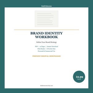 Op de afbeelding: Een digitaal Brand Identity Workbook met een turquoise en wit ontwerp. De titel "BRAND IDENTITY WORKBOOK" staat prominent weergegeven. Extra tekst bevat "Define Your Brand Strategy" en "Instant Digital Download."