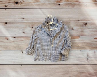 Upcycled Ralph Lauren Girls’ Navy Gingham Button-Down with Handmade Ruffle Collar | Size 7 | Navy & White | One of a Kind