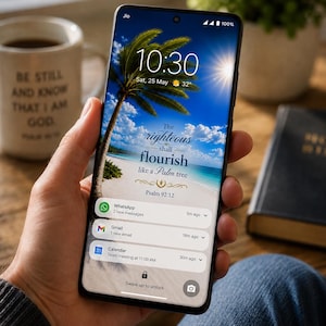 May include: A smartphone screen showing a beach scene with a palm tree and the words "The righteous shall flourish like a Palm tree." The time displayed is 10:30 AM. Notifications from WhatsApp, Gmail, and Calendar are visible on the screen.