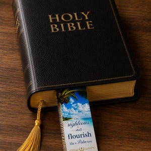 May include: A black leather-bound Holy Bible with gold lettering and gilded edges. A colorful bookmark with a beach scene and the text "The righteous shall flourish like a Palm tree" is inserted. A gold tassel hangs from the bookmark.