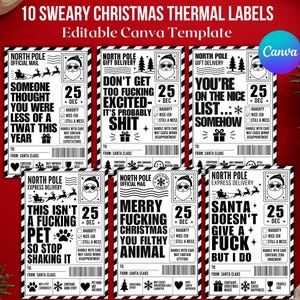 10 Sweary Christmas Thermal Labels, Adult Funny Gift Tags, 4x6 Editable Canva Templates, Printable Christmas Shipping Labels