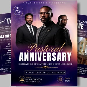 May include: A flyer for a Pastoral Anniversary event featuring three men in suits against a purple and orange gradient background. Text includes "YOUR CHURCH PRESENTS", "21 JUNE", "PASTORAL ANNIVERSARY", "CELEBRATING GOD'S FAITHFULNESS & YOUR LEADERSHIP", and "A NEW CHAPTER OF LEADERSHIP".