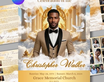 8 page White and Gold roses Funeral Program Template, Memorial Program, Obituary Book, Celebration of Life, In Loving Memory Editable Design