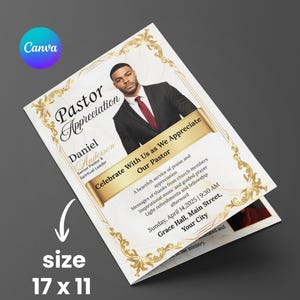 May include: A folded white card with gold floral detailing and the words "Pastor Appreciation." The card includes a photo of a man in a suit and tie. The size is 43 x 28 cm.