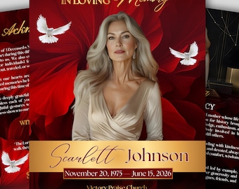 Funeral Program Printable In Loving Memory Of Obituary Printable Funeral Program Template Memorial Booklet Obituary Funeral Template Red