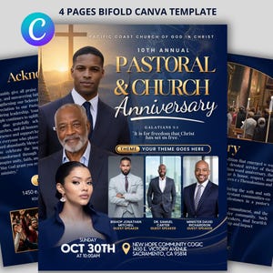 Peut inclure: Un modèle Canva bifold de 4 pages pour un 10e anniversaire pastoral et d'église. Le design bleu et doré présente des portraits de personnes en costume, une silhouette de croix, les détails de l'événement du 30 octobre et le texte Galates 5:1.