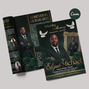 May include: A memorial program with a dark green background and gold accents. The program features a portrait of a man in a suit, the text "Forever in Our Hearts," and the words "In Loving Memory." The Canva logo is visible.