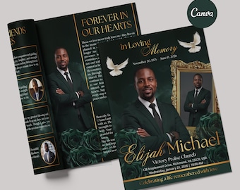 8-Page green Funeral Program Template, Bi-Fold Memorial Program, Obituary Template, Celebration of Life, Editable Digital Download