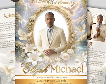 Elegant White Rose Funeral Program Template, Beige Memorial Obituary Booklet (Digital Download)