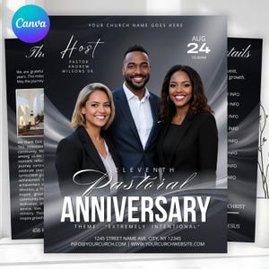 Op de afbeelding: Een flyer voor een elfde pastoraal jubileum met een foto van drie personen in professionele kleding tegen een donkere, abstracte achtergrond. De tekst bevat evenementdetails, datum, tijd, locatie en het thema Extremely Intentional.