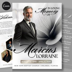 8 Page white Funeral Program Template, Grey Classic Memorial Program, 17x11 Bifold Obituary Template, Elegant Celebration of Life