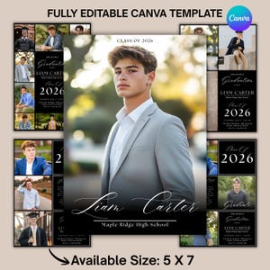 May include: A graduation announcement template featuring a young man in a gray suit. The design includes the text "Class of 2026," the name "Liam Carter," and "Maple Ridge High School." Additional photos and party details are included.