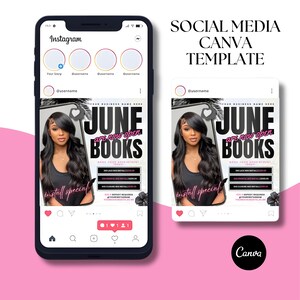 Pu&ograve; includere: Due dispositivi mostrano un modello di post di Instagram. Il modello presenta una donna, il testo "JUNE BOOKS are now open" e dettagli dei servizi. Il logo Canva &egrave; visibile. Sfondo rosa.