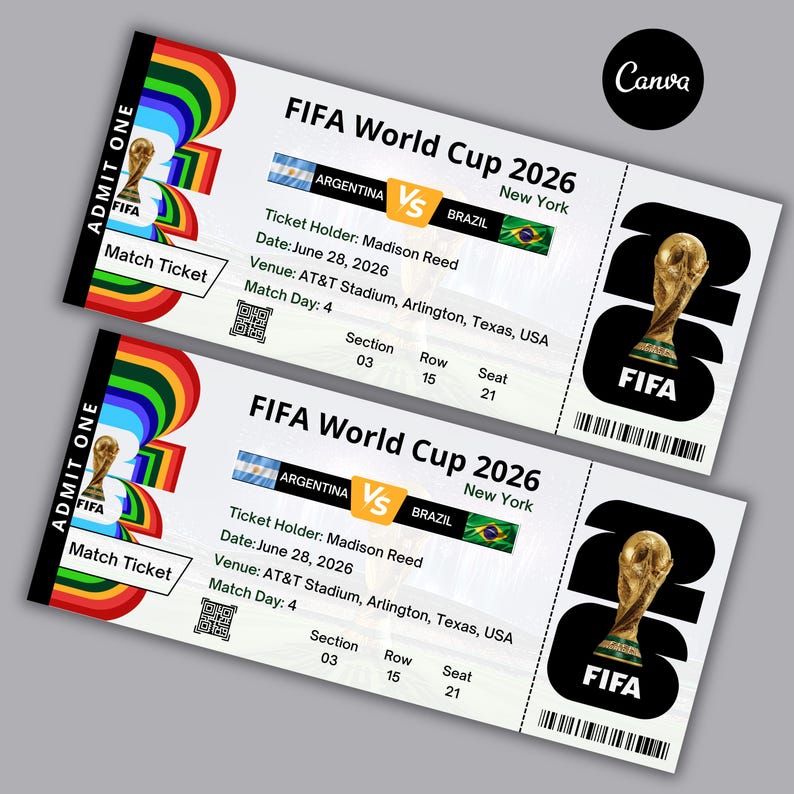 Customized FIFA World Cup 2026 Ticket | Matchday Ticket | Editable Birthday Voucher for Him | Digital Download | Football Gift