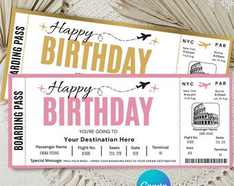 Kaartsjabloon verrassing verjaardagsreis | Afdrukbare Happy Birthday-instapkaart | DIY-verjaardagsreiskaartje | Cadeau vliegticket