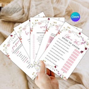 May include: A hand holds a stack of white bridal shower game cards. The cards feature floral designs and text like "What's in your purse?" and "Guess Who? Bride or Groom." The Canva logo is visible.