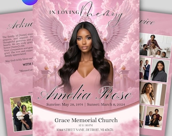 pink roses Funeral Program Template, 8 page Funeral Programs, Obituary Book, Celebration of Life, In Loving Memory Editable canva Design