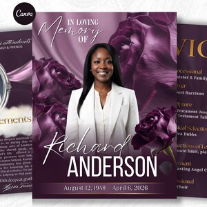 Peut inclure: Un modèle de programme funéraire avec le portrait d'une personne en blazer blanc sur un fond violet profond orné de roses sombres. Le texte indique In Loving Memory Of Richard Anderson, August 12, 1948 – April 6, 2026.