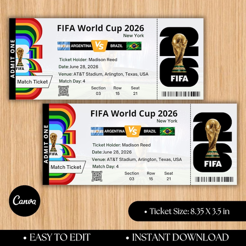 Customized FIFA World Cup 2026 Ticket | Matchday Ticket | Editable Birthday Voucher for Him | Digital Download | Football Gift