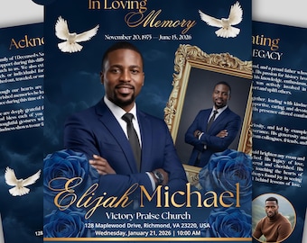 8-Page Blue Funeral Program Template, Bi-Fold Memorial Program, Obituary Template, Celebration of Life, Editable Digital Download