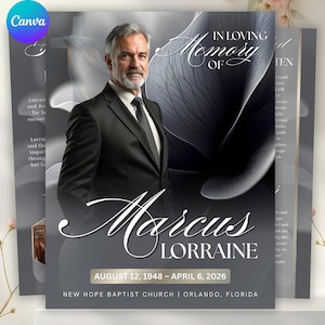 8 Page grey Funeral Program Template, Grey Classic Memorial Program, 17x11 Bifold Obituary Template, Elegant Celebration of Life