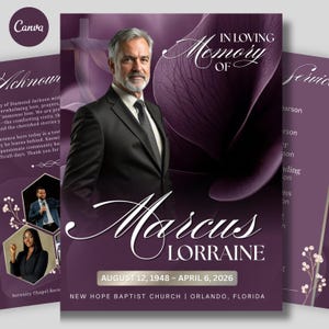 Puede incluir: Una plantilla de programa funerario en tonos morados profundos con el retrato de un hombre de pelo gris con traje, un gráfico de lirio cala y el texto IN LOVING MEMORY OF MARCUS LORRAINE, 12 DE AGOSTO DE 1948 – 6 DE ABRIL DE 2026, NEW HOPE BAPTIST CHURCH.
