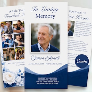 May include: A funeral programme template featuring a white background with blue wave accents and floral illustrations. The text reads In Loving Memory, Simon Avnell, January 28, 1938 – February 16, 1990, and includes photo collages of a man and his family.
