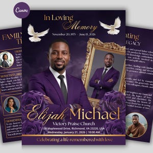 May include: A memorial service announcement with a portrait of a man in a purple suit. The design includes text that reads "In Loving Memory" and "Elijah Michael". Purple roses and doves are also featured.