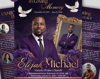 Purple Roses Funeral Program (8 pages) Celebration of Life Obituary Program | Memorial Program | In Loving Memory | Canva Funeral Template