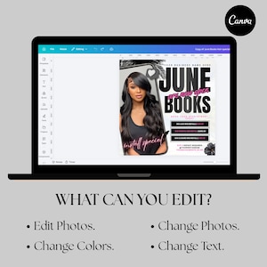 Pu&ograve; includere: Lo schermo di un laptop mostra una grafica promozionale per un servizio di parrucchiere. La grafica presenta una donna con lunghi capelli scuri e il testo "JUNE BOOKS are now open". Il testo aggiuntivo include "install special" e i dettagli del servizio.